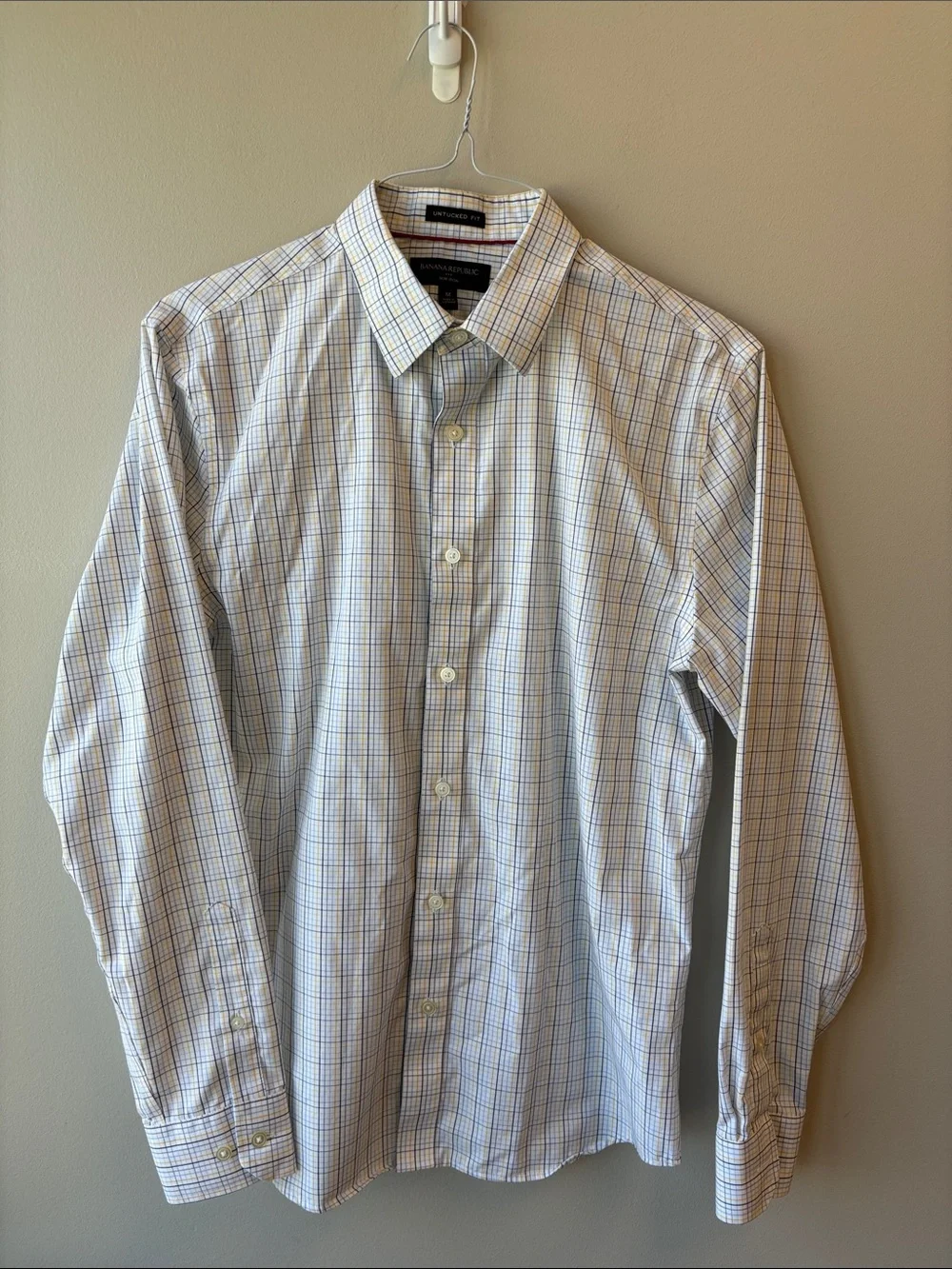 Banana Republic Factory White Dress Shirt with Blue and Yellow Windowpane Plaid